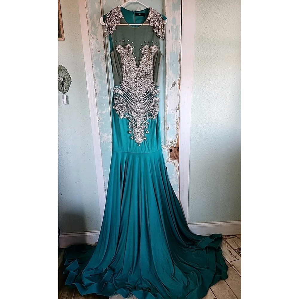 Alglist Emerald Green Rhinestone Evening Gown Large - Picture 3 of 10